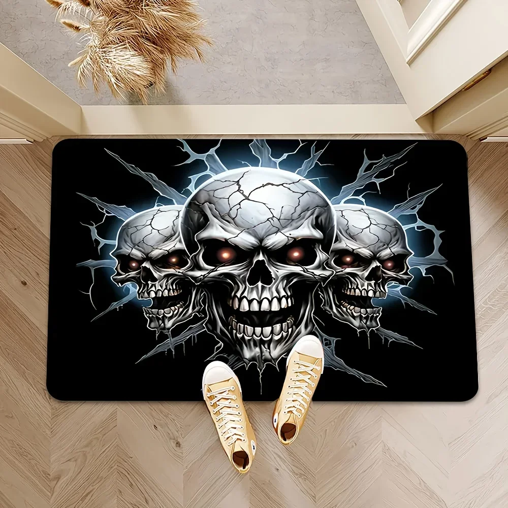 1pc 2D Flat Gothic Skull Lightning‑Print Entryway Area Rug, Machine‑Washable Non‑Slip Decor Floor Mat for Entrance,  Living Room