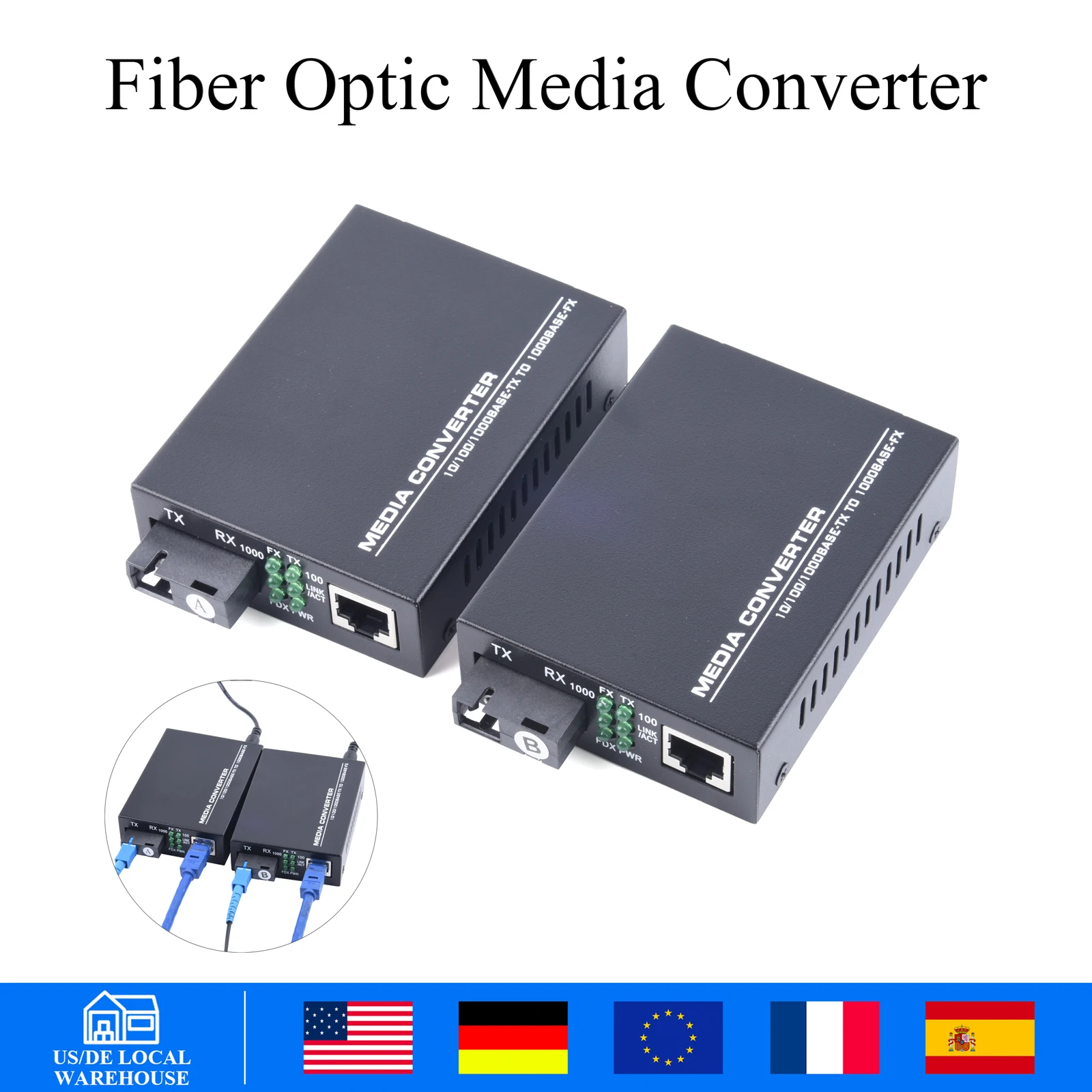 

US Gigabit Fiber Optic Media Converter HTB-GS-03 Single Mode to RJ45 3Km SC UPC/APC External Power Supply