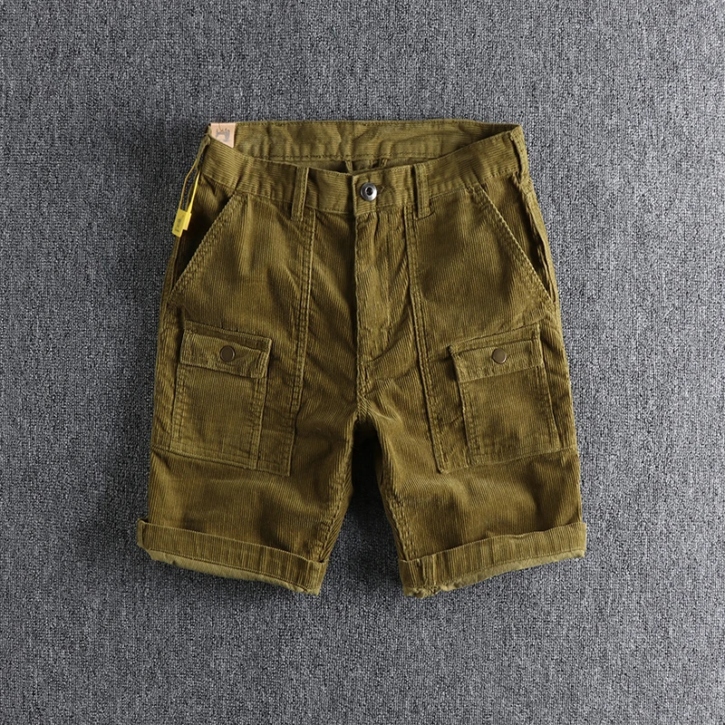 Summer Japanese Retro Corduroy Multi-pocket Cargo Shorts Men\'s Fashion Pure Cotton Washed Old Straight Casual 5-Point Pants