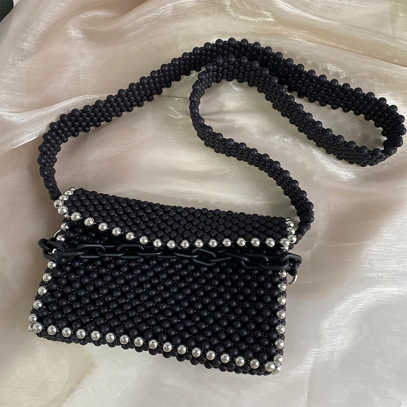 Black Beaded Crossbody Bags for Woman Fashion Retro Ins Chain Women\'s Shoulder Bag Versatile Texture Woven Handbag Bolsos Mujer