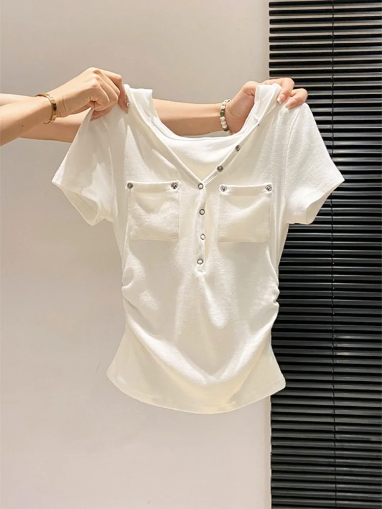 Slim Fit Short Sleeve T-Shirt Women's Summer New Style Side Pleated Waist Cinching Short Length Top Korean Style Commute Wind