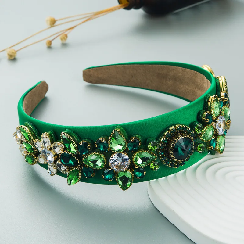 Vintage Green Series Headbands Rhinestone Hairbands Broad-Brimmed Wide Head Hoop Hair Hoop Women Elegant Hair Accessories