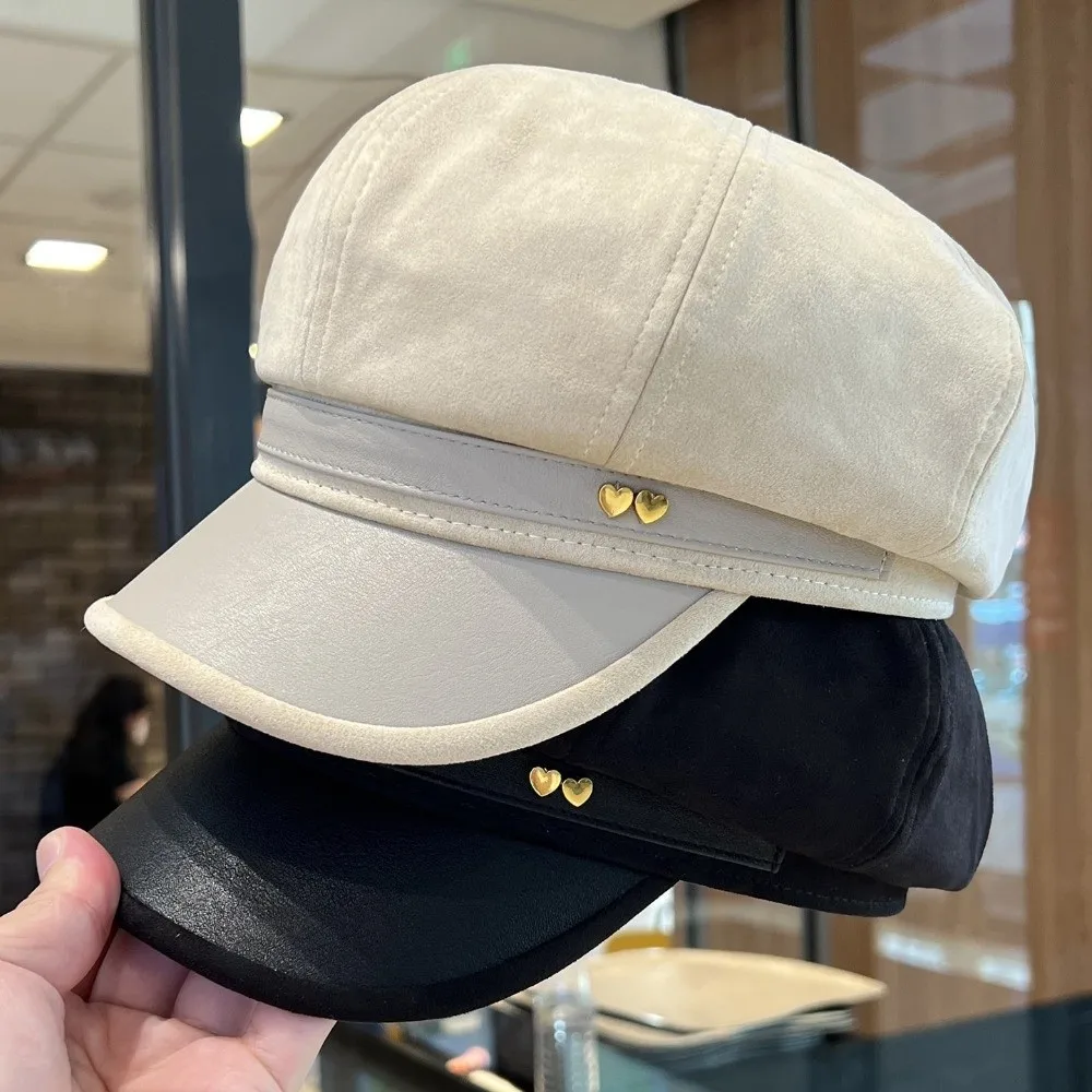 New Faux Leather Women's Octagonal Newsboy Cap Spliced Love Baker Boy Hat Sun-Shading Brim Duckbill Cap Fall Winter Wear