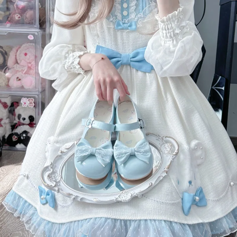 Original tout-match dentelle Lolita mignon doux fille talon bas bout rond chaussures femmes femme de chambre couleur Pastel sandale plate