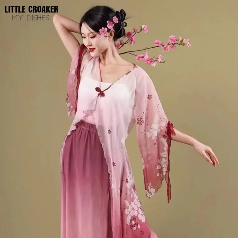 Classical Dance Body Rhyme Yarn Women\'s Long Flowing Performance Costume Gradual Printing Chinese Folk Dance Practice Clothes