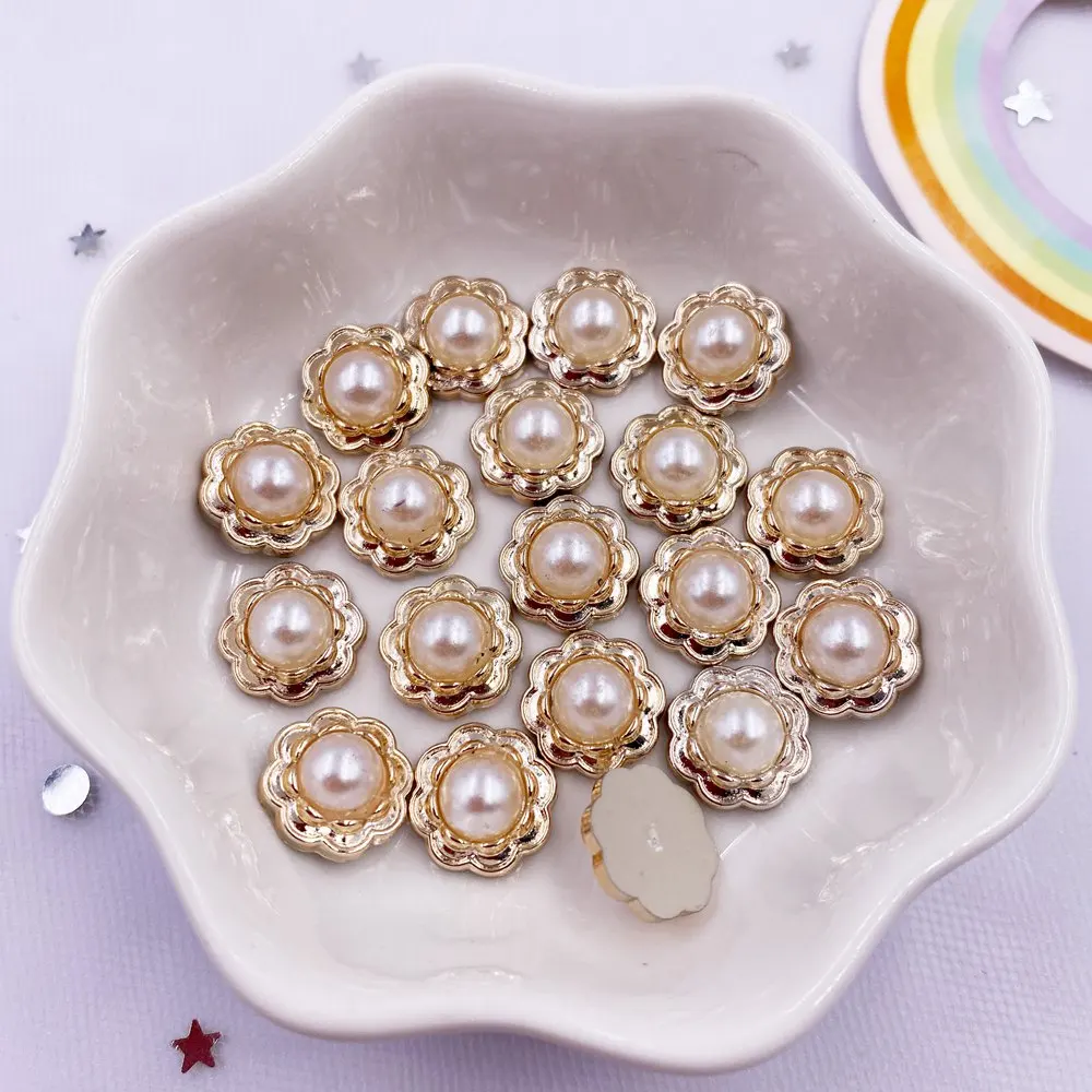 30pcs Golden Color Acrylic Flower Round Pearl Flatback Rhinestone Buttons Appliques DIY Scrapbook Ornament Craft Accessorie V021