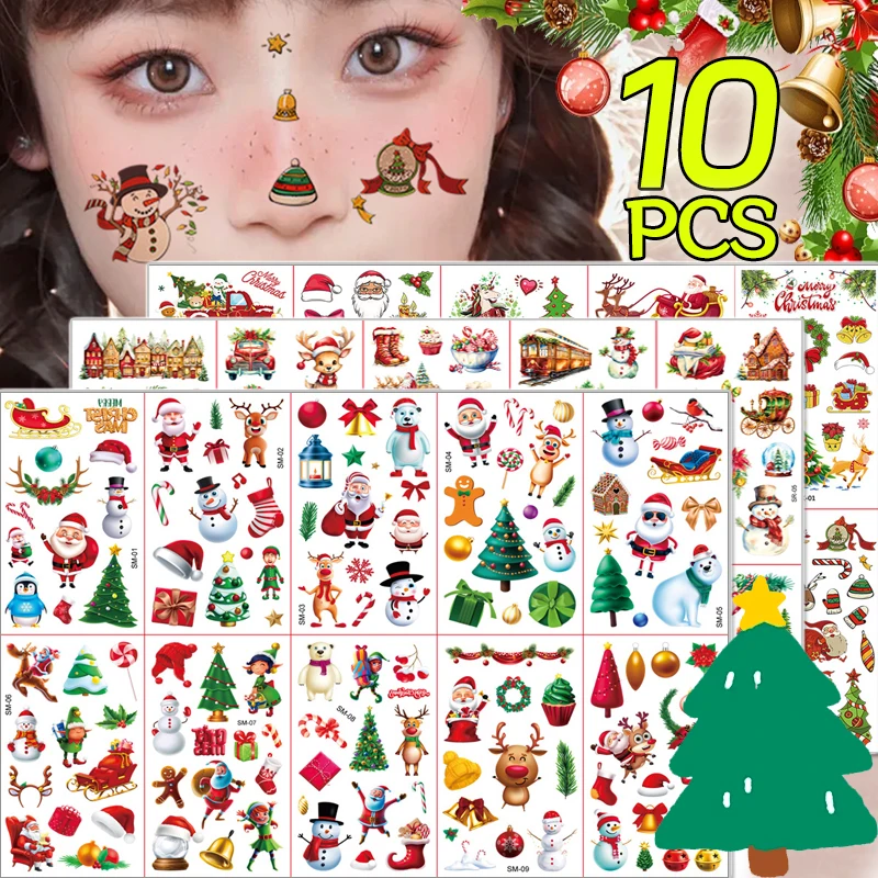 10Sheets Christmas Temporary Tattoo Stickers Cartoon Festival Deocration Waterproof Tattoo Sticker Transfer Face Arm Body Decals