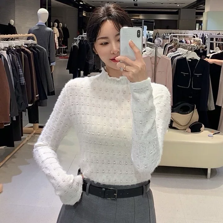 

Commute Ready Knitted Sweater f High Ne Elastici Base Layer V-Ne T-irt Korean Sle Long Sve Slim Fit Women