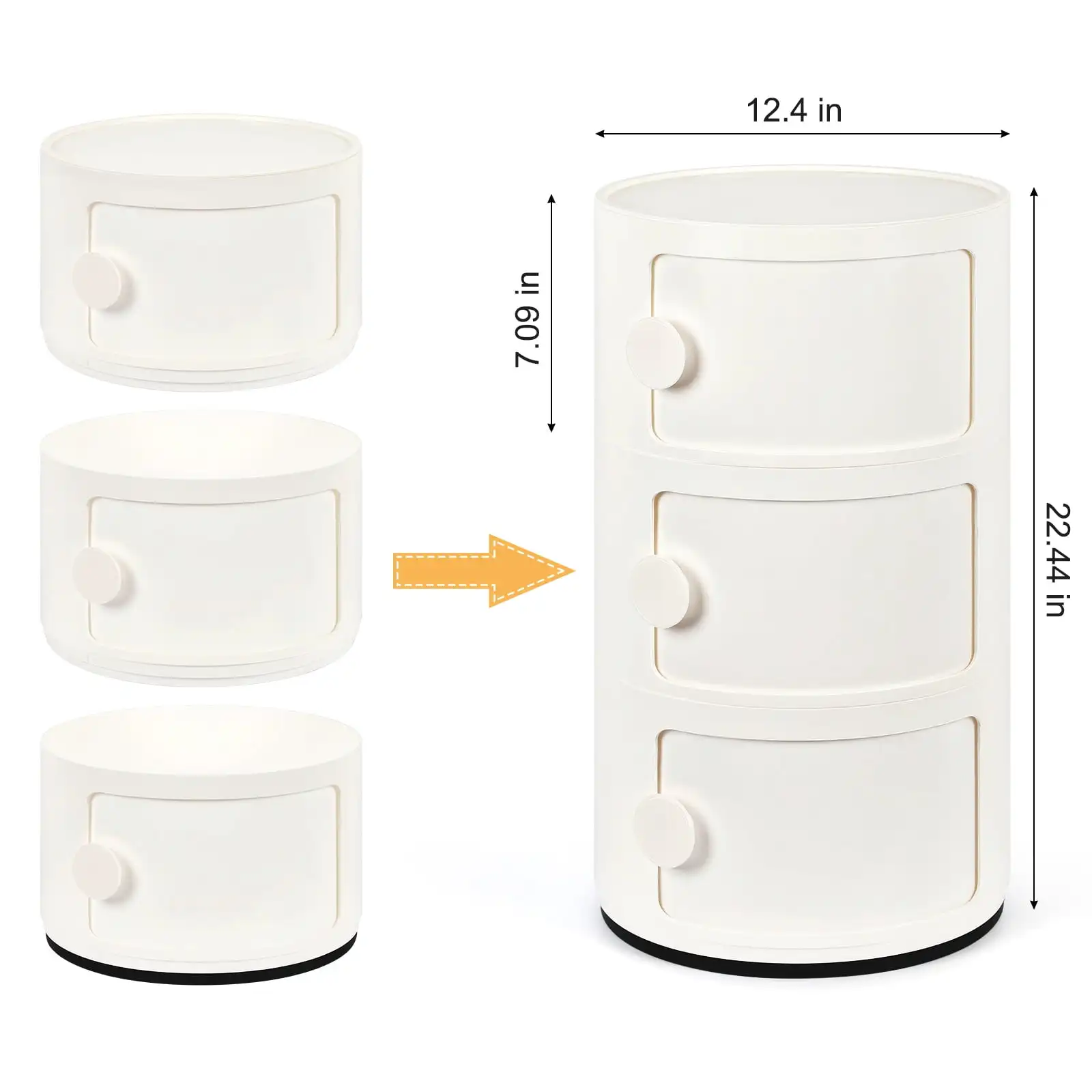 

3 Drawer Sliding Barrel Modern Bedroom Nightstand, White