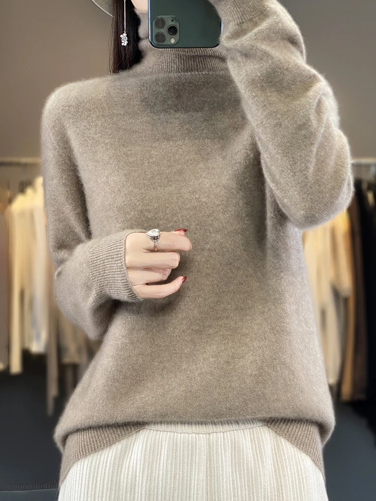 Women's Turtleneck Long Sleeve Cashmere Pullover 100% Merino Wool Sweater Basic Clothing Autumn Winter Knitwear Comfort Tops