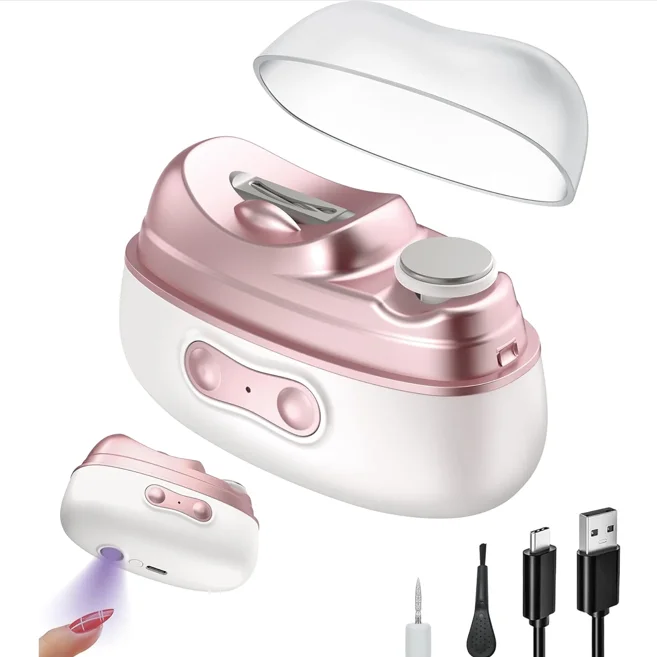 4-in-1 electric nail clipper: cut, grind, polish & UV cure. Precise blade, detachable grind head, nano glass file, portable.
