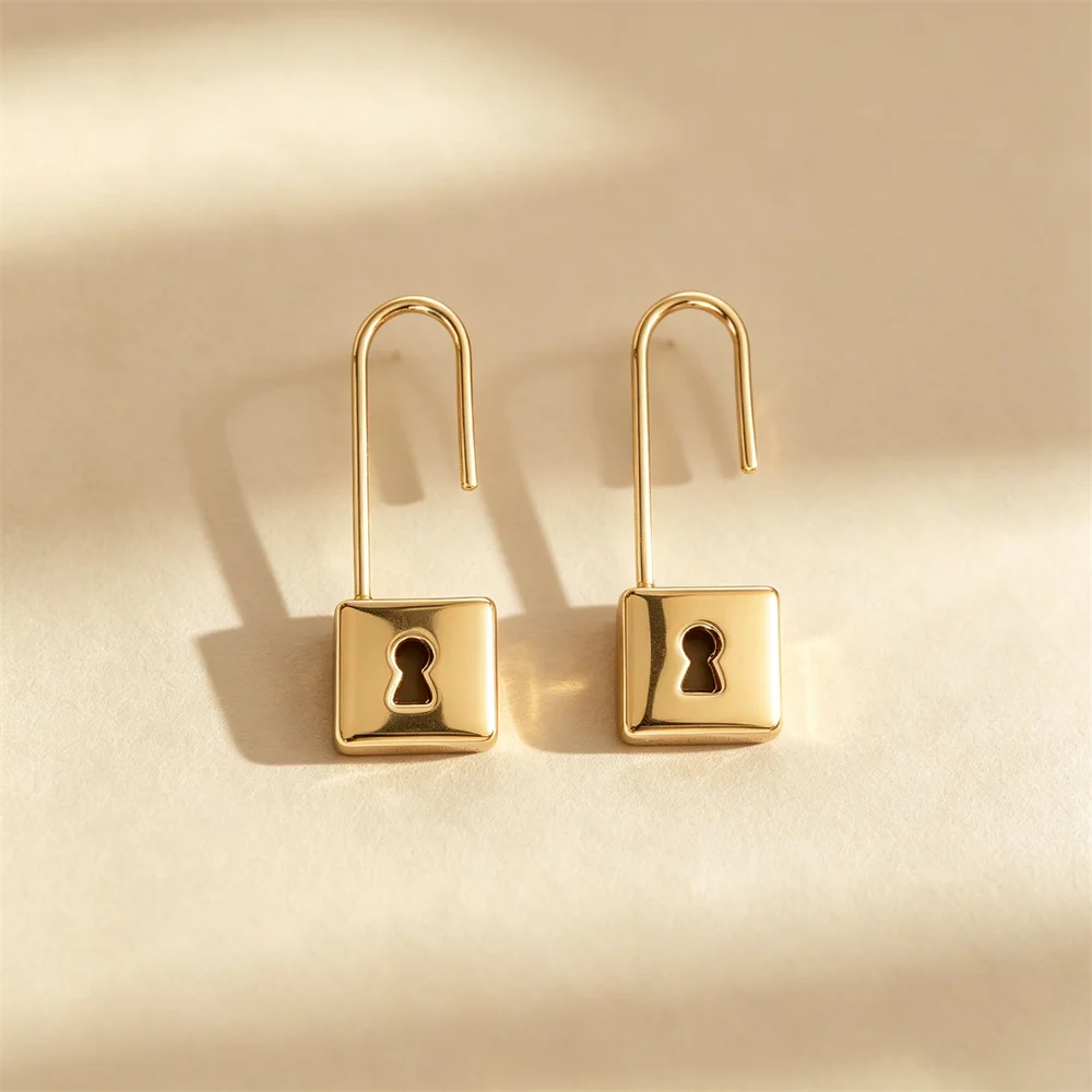 Polished Gold Color Square Lock Dangle Earrings Hollow Keyhole Padlock Long Wire Hook Drop Earrings Cool Geometric Jewelry