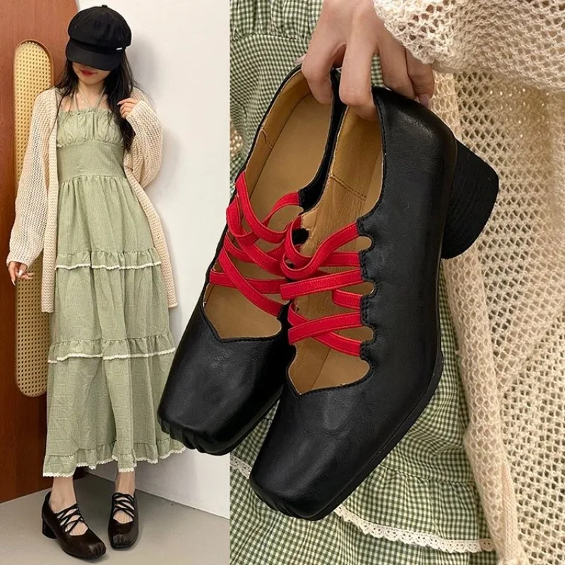 Women Pumps Horsehide Simple Shoes On Thick Heel French Style Square Toe Simple Shoes Cross Tied Lady Spring Autum Retro Pumps