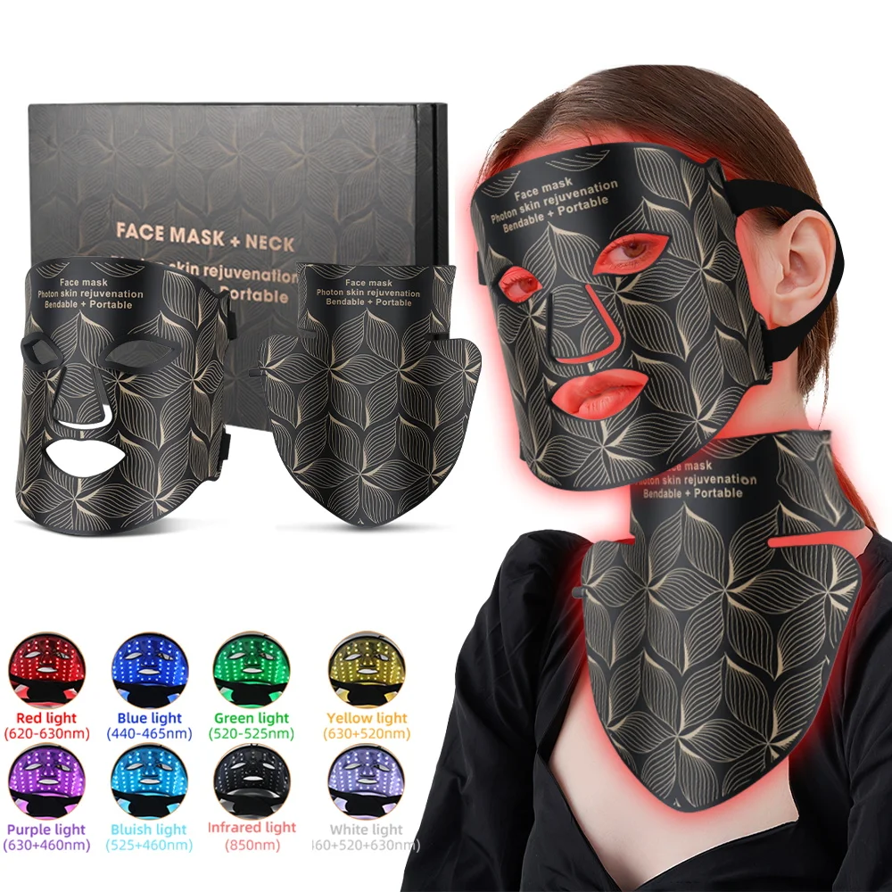 Maschera facciale a LED con collo 8 colori Chiudi-infrarosso Rosso Viso e collo Photon Oil Control Rassodante per la pelle Sbiancamento e Anti Rednes