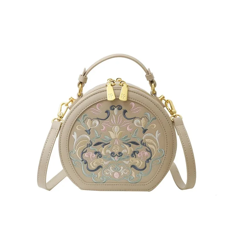 Women New Chinese Style Embroidered Round Crossbody Bag Retro National Trend PU Shoulder Handbag Versatile Daily Purse