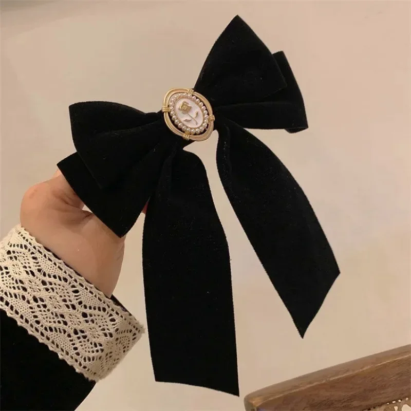 Black Velvet Fabric Bow Inlaid Rose Hair Pins Girls Women Korean Fashion Ponytail Hair Clip Anniversary Sweet Barrettes Headwear