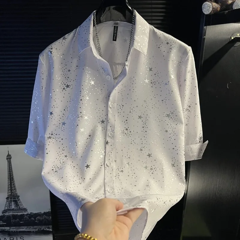 Men's Five-pointed Star Three-quarter Sleeve Shirt Summer Fashion Trend Slim Print Cool Korean-style Men's Shirt Casual Fashion