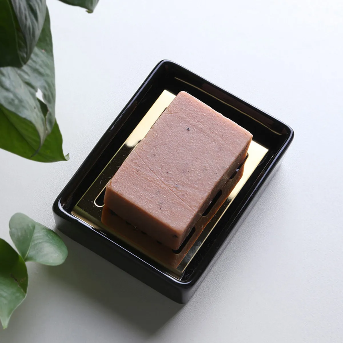 

Ceramic Double Soap Box with Golden Stainless Steel Drain Grid Double Layer Design for Bathroom Kitchen Home Use Drain Soap