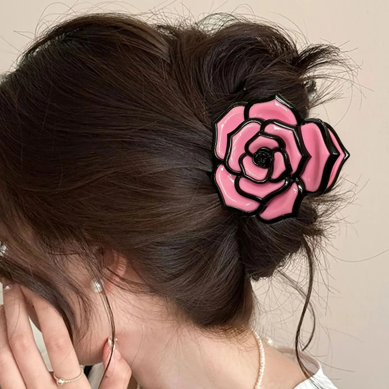

Korean 3D Camellia Retro Rose Hair Claw Clip Elegant Vintage Luxury Updo Hairpin for Women Shark Claw Accessory