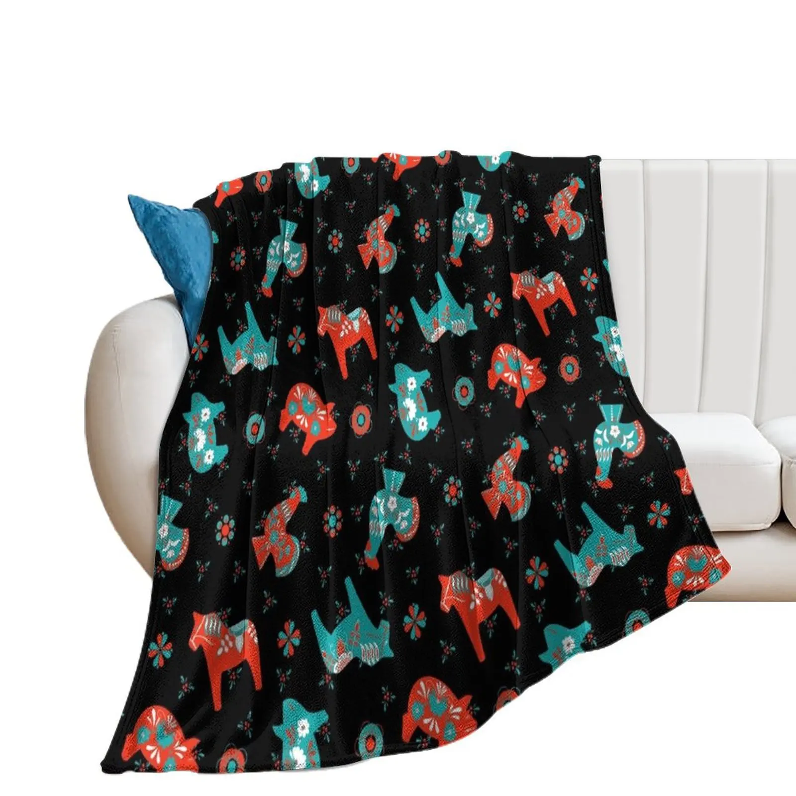 Black Red Turquoise- Folk Art - Swedish Dala Throw Blanket heavy to sleep For Baby Custom Designers Blankets