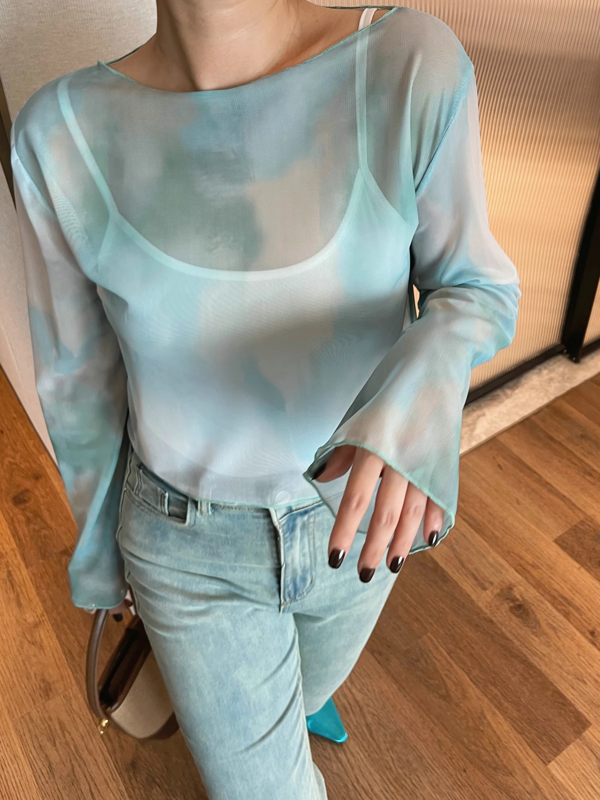 Mesh Tie Dye T-shirts Y2k 2024 Woman Clothing Trend New Summer Korean Style Fashion Long Sleeve Crop Chic Vintage Tops Tees New