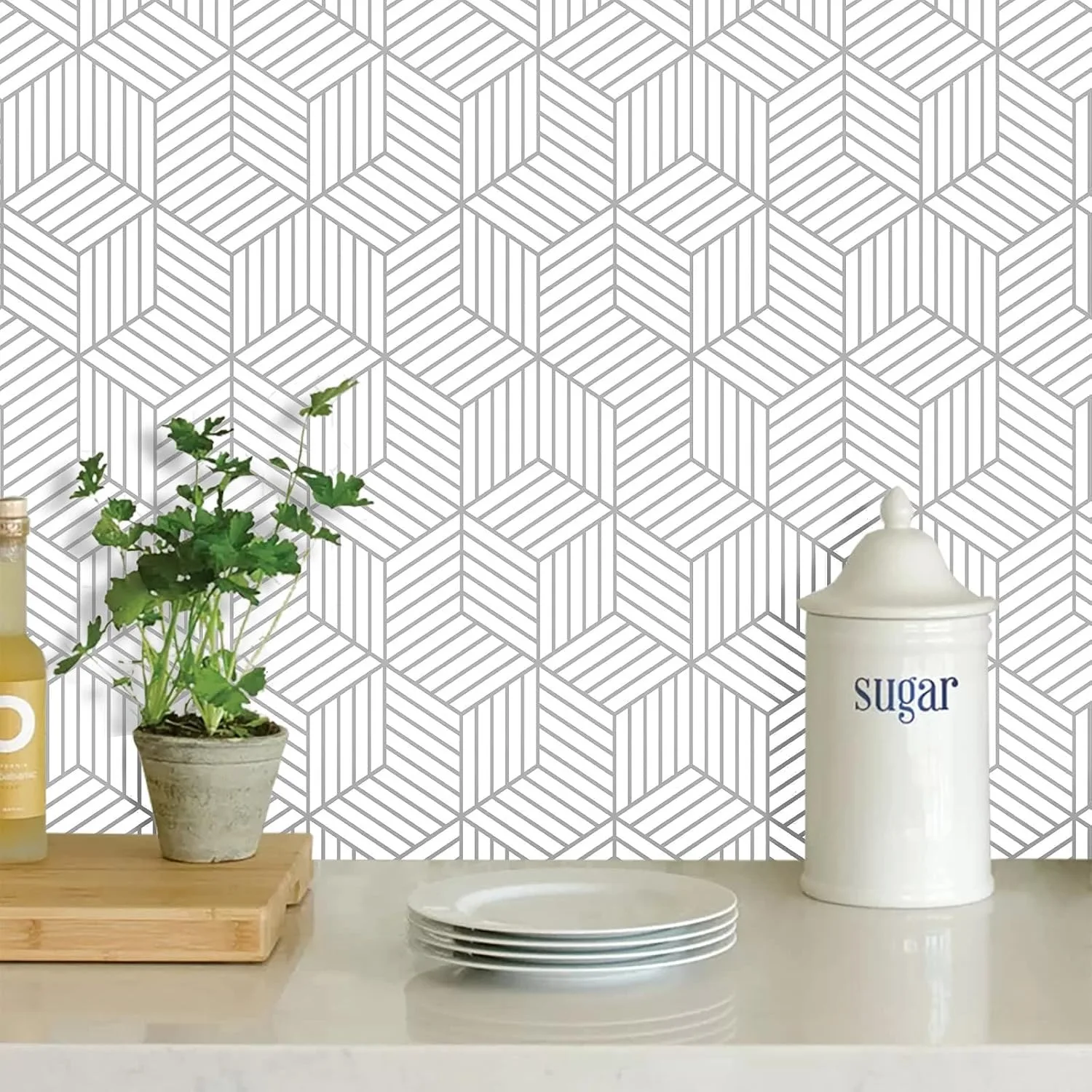 Geometric Peel and Stick Wallpaper White Silver Hexagon Self Adhesive Wall Paper Removable Contact Paper for Bedroom Living Room