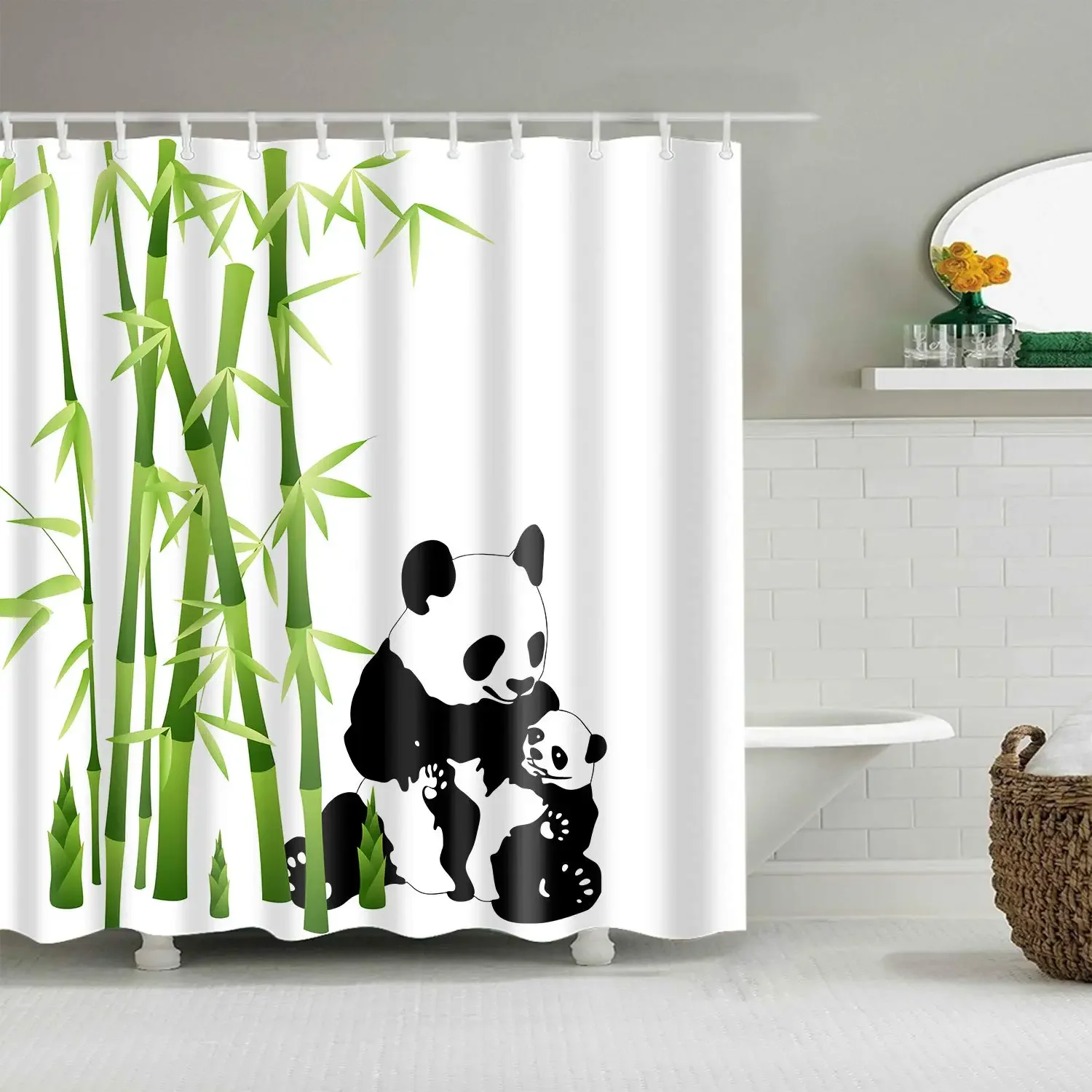 Animal Photography Shower Curtain Cute Panda with Baby Eating Bamboo Bathroom Curtains Waterproof Durable Decor  with 12 Hooks