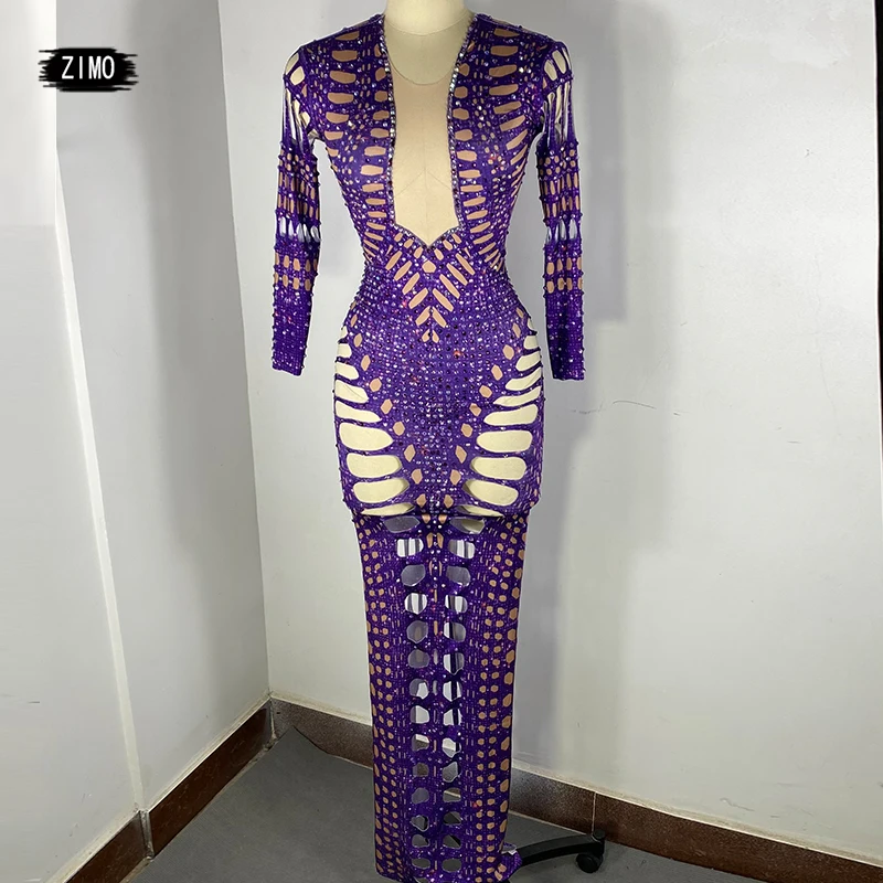 fashion purple long dress sparkle rhinestones sexy Cut-out dress DS dance birthday party club drag queen singer festival outfit