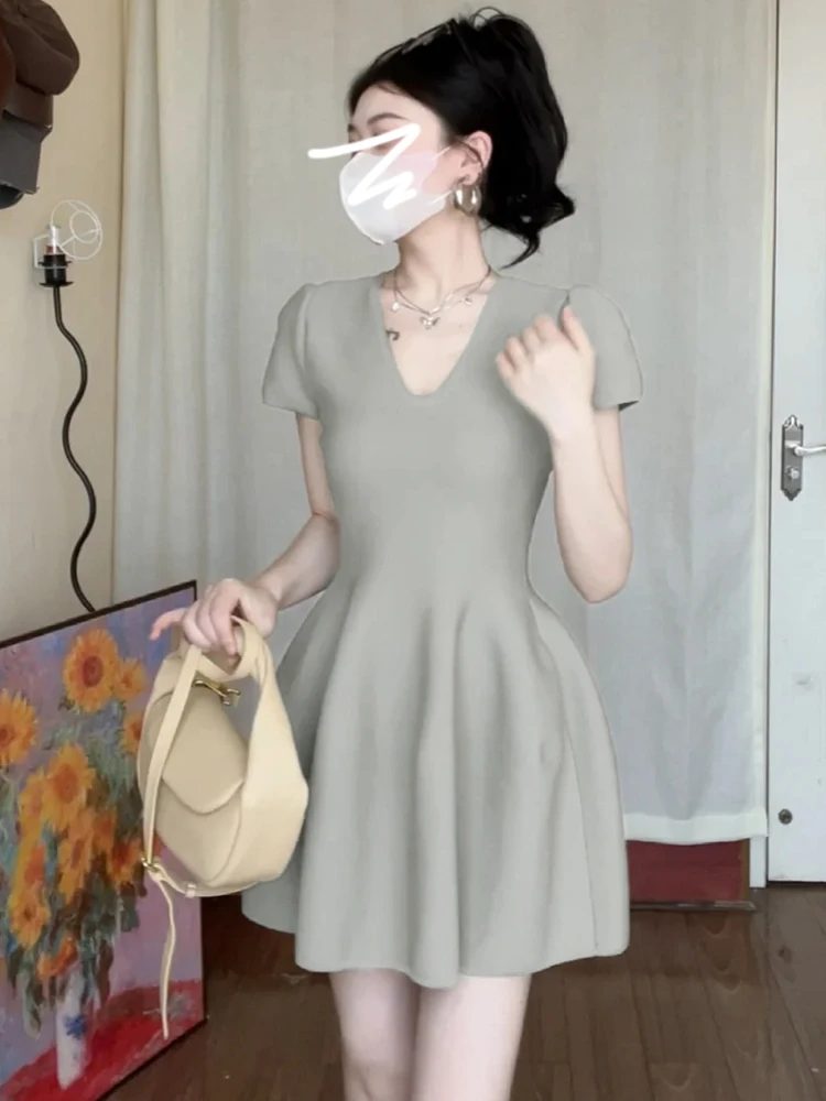 Korean Sle V-Ne Puffy ort Skirt Women's Summer New Sweet High Waist Slimming Dr Floral Print A-Line Single Piece