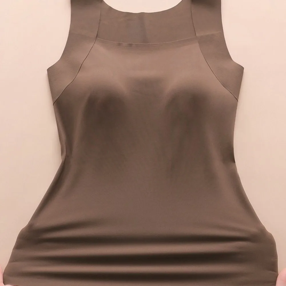 Slim Fit Built-in Bra Seamless Camisole U Neck Solid Color Thermal Vest Stretchy Fixed Cup Bottoming Underwear Indoor Wear
