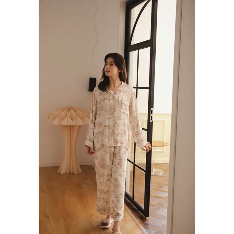 2024 Satin Light Caramel Color Mori Mystery Printing Lapel Pocket Short-sleeved Loungewear Cotton Silk Pajamas for Women Set