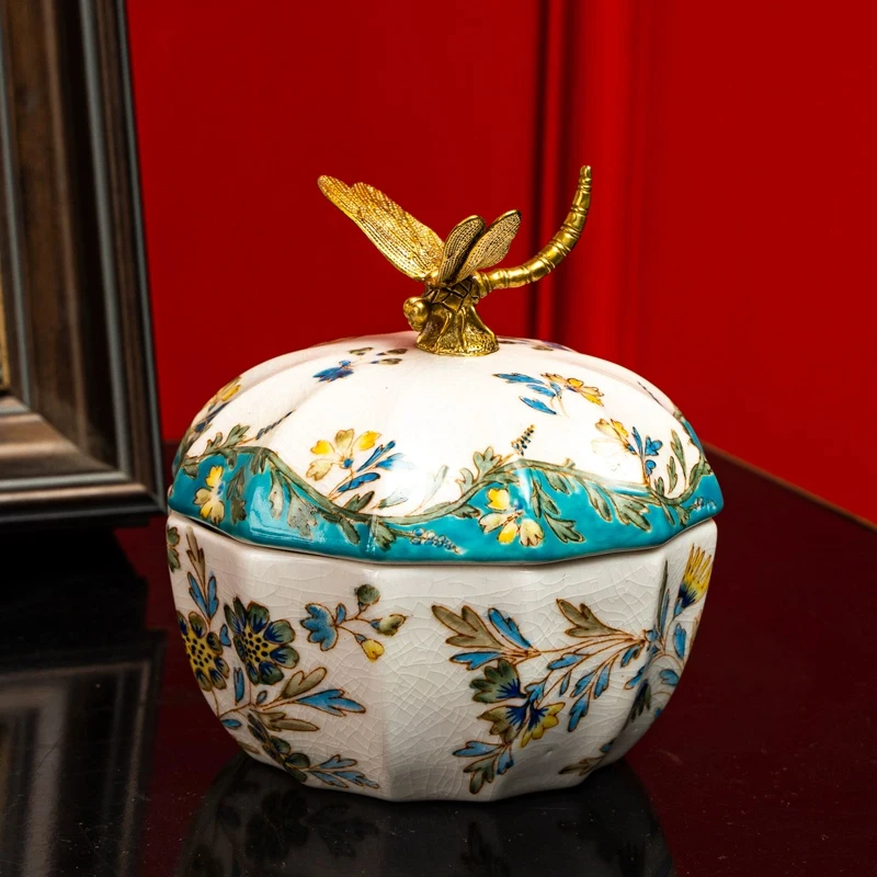 Antique French Porcelain And Brass Jewelry Box White Green Red With Removable Cover Dragonfly Butterfly Ornated Candy Jar Case