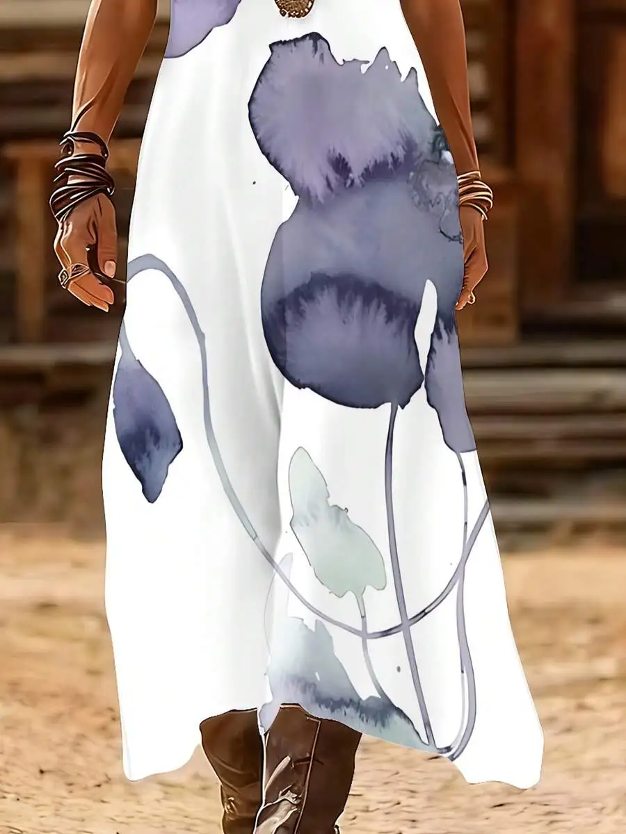 

Womens V-Neck Spaghetti Strap Maxi Dress Purple Blue Floral Print Stretch Knit A-Line Casual Vacation Dress