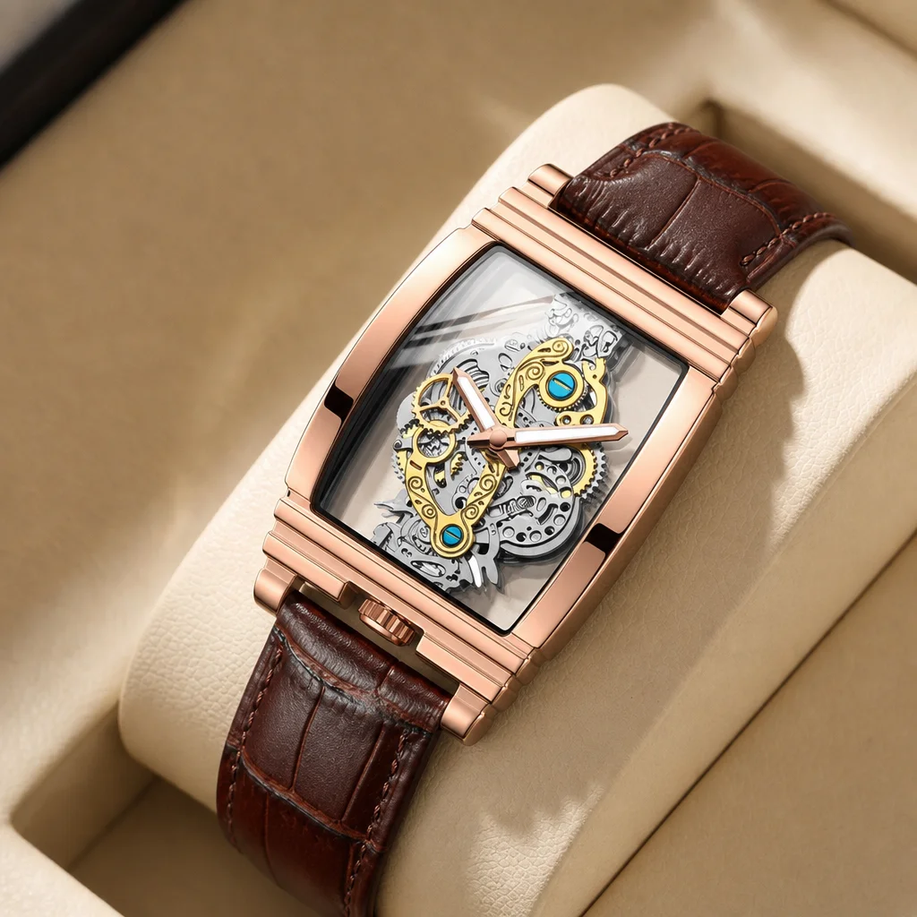 

1pcs Skeleton Mechanical Watch Rectangular Rose Gold Tone Brown Leather Strap Unique Blue Accents Stylish Elegant Wristw