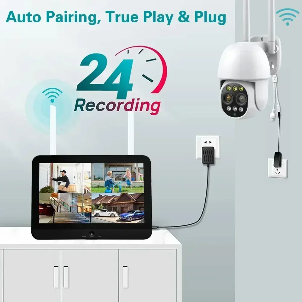 12.5"Inch Monitor 10CH NVR Kit Wireless PTZ Security 8MP 10X Zoom Camera System Auto Track Home Wifi CCTV Surveillance Cameras