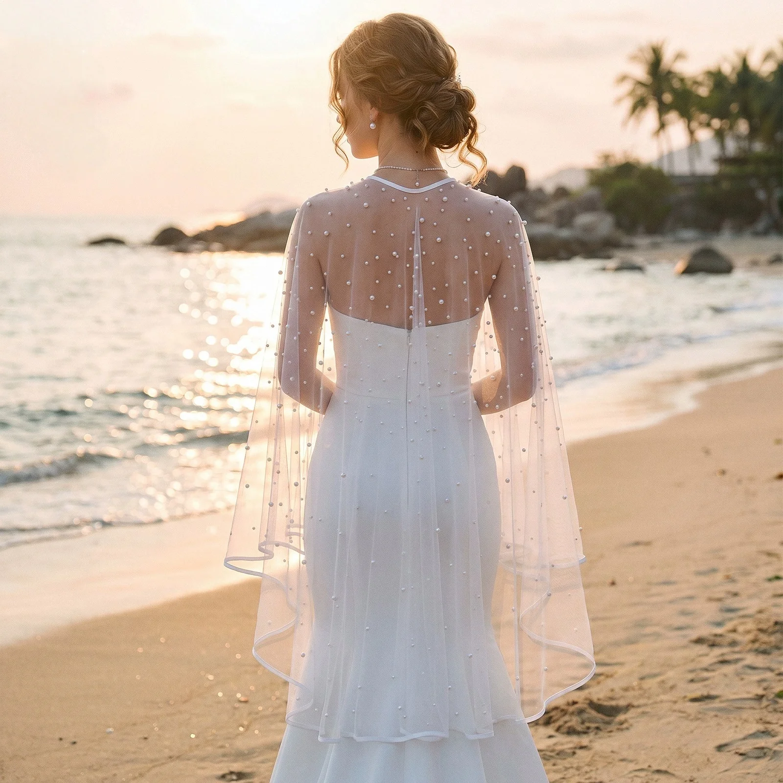 Pearl Cape Wedding Sun Protection Tulle Shawl Summer Women's White Hemmed Cape Jacket Accessory Outerwear