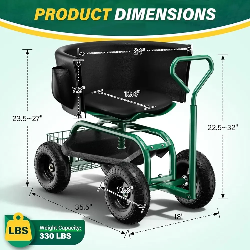 Adjustable 360° Swivel Rolling Garden Seat with Storage Basket and Extendable Handle