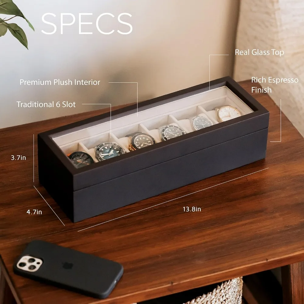 6-Slot Solid Wood Watch Box with Glass Top, Magnetic Closure & Pillow Stands - Watch Organizer Display Case for Men, Gift for Him, Espresso view 3