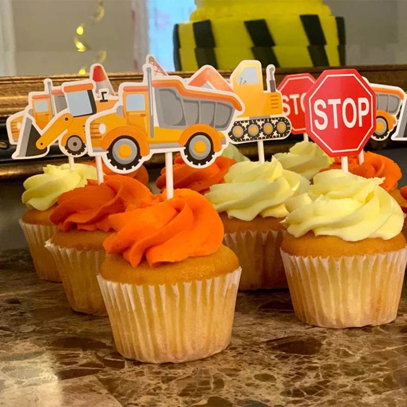 7pcs Construction Cupcake Topper Pick Dump Truck Excavator Tractor Party Cake Toppers for Kids Birthday Baby Shower Party Decor