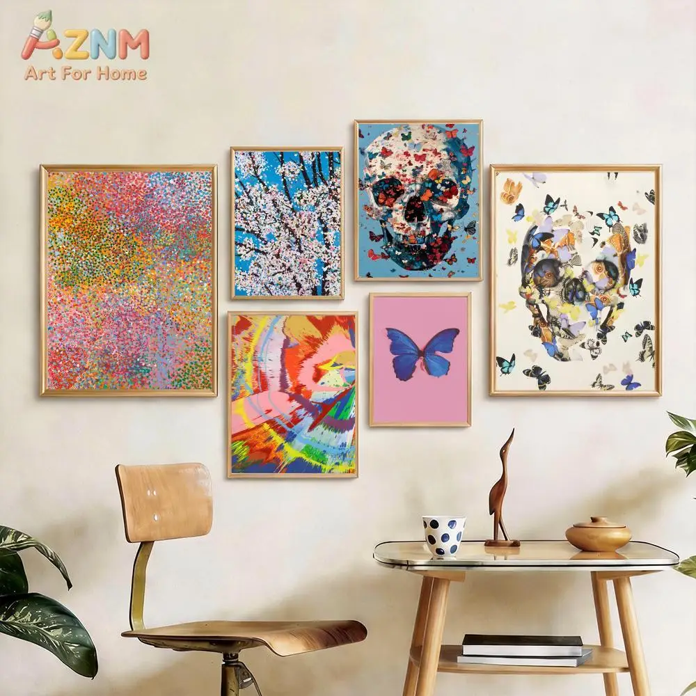 AZNM Colorful Skull Butterfly Cherry Blossom Abstract Canvas Wall Art, Modern Aesthetic Home Decor, Unframed