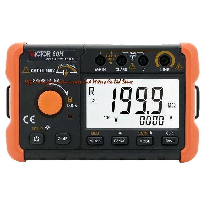 VICTOR 60H VC60H Digital Insulation Resistance Tester Digital Megohmmeter 100V, 250V, 500V, 1000V 19.99 GΩ