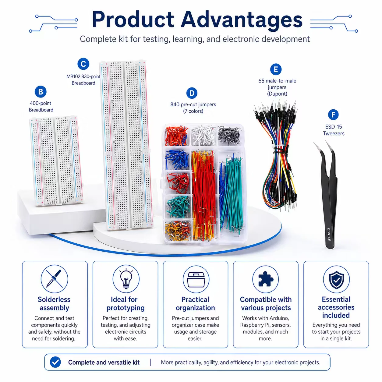 400+830 Holes Solderless Breadboard Kit with ESD-15 Tweezers & 840 Jumper Wires