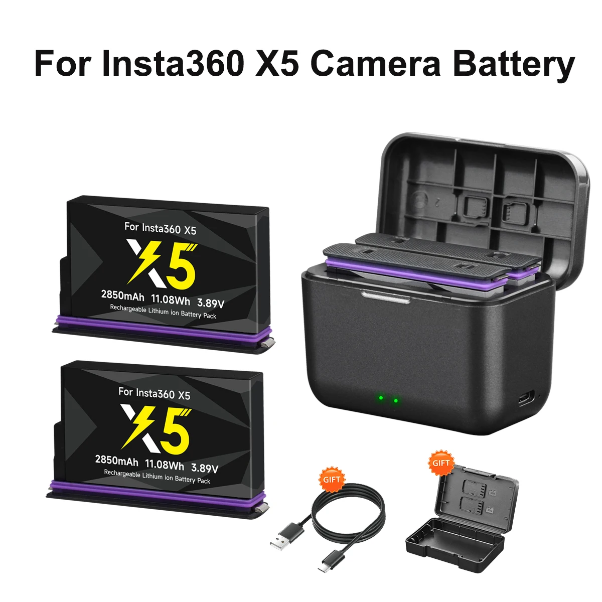 Schnellladebox für Insta 360 X5 Action-Kamera-Zubehör + 2850mAh Ersatzakku für Insta360 X5