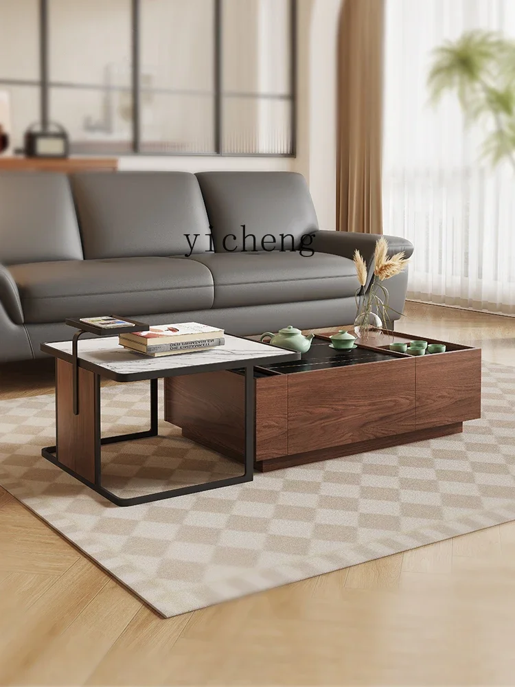 retractable high and low coffee table combination living room walnut tea table wrought iron rectangular mobile tea table