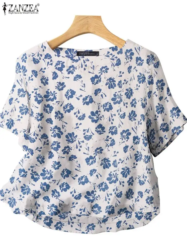 ZANZEA-Blusa de estampas florais boêmias para mulheres, gola O, manga curta, camisa casual, túnica feminina, moda natalícia, verão, 2024