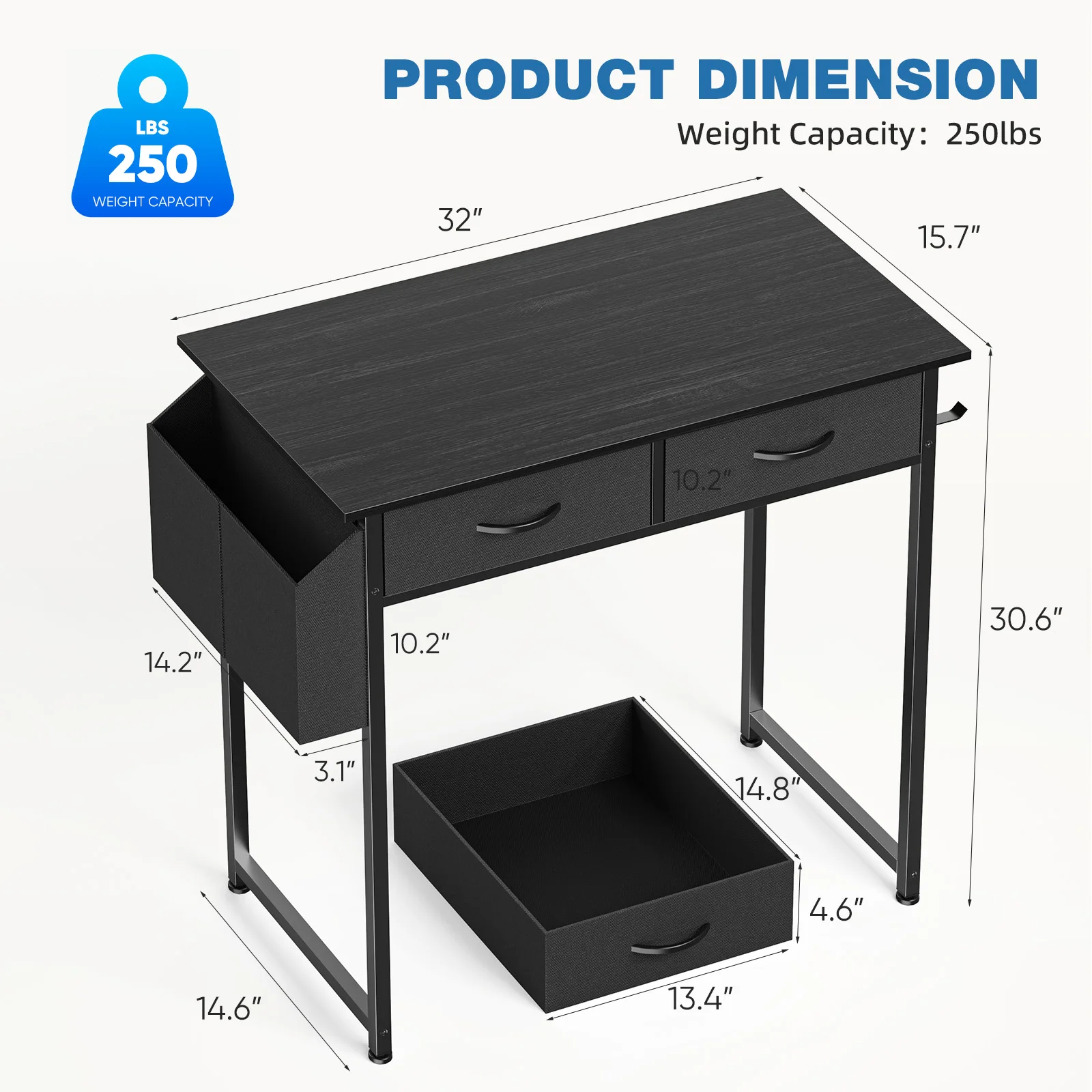 JHK 32 Inch Modern Office Computer Desk with Fabric Storage Drawers Space Side Bag Metal Frame