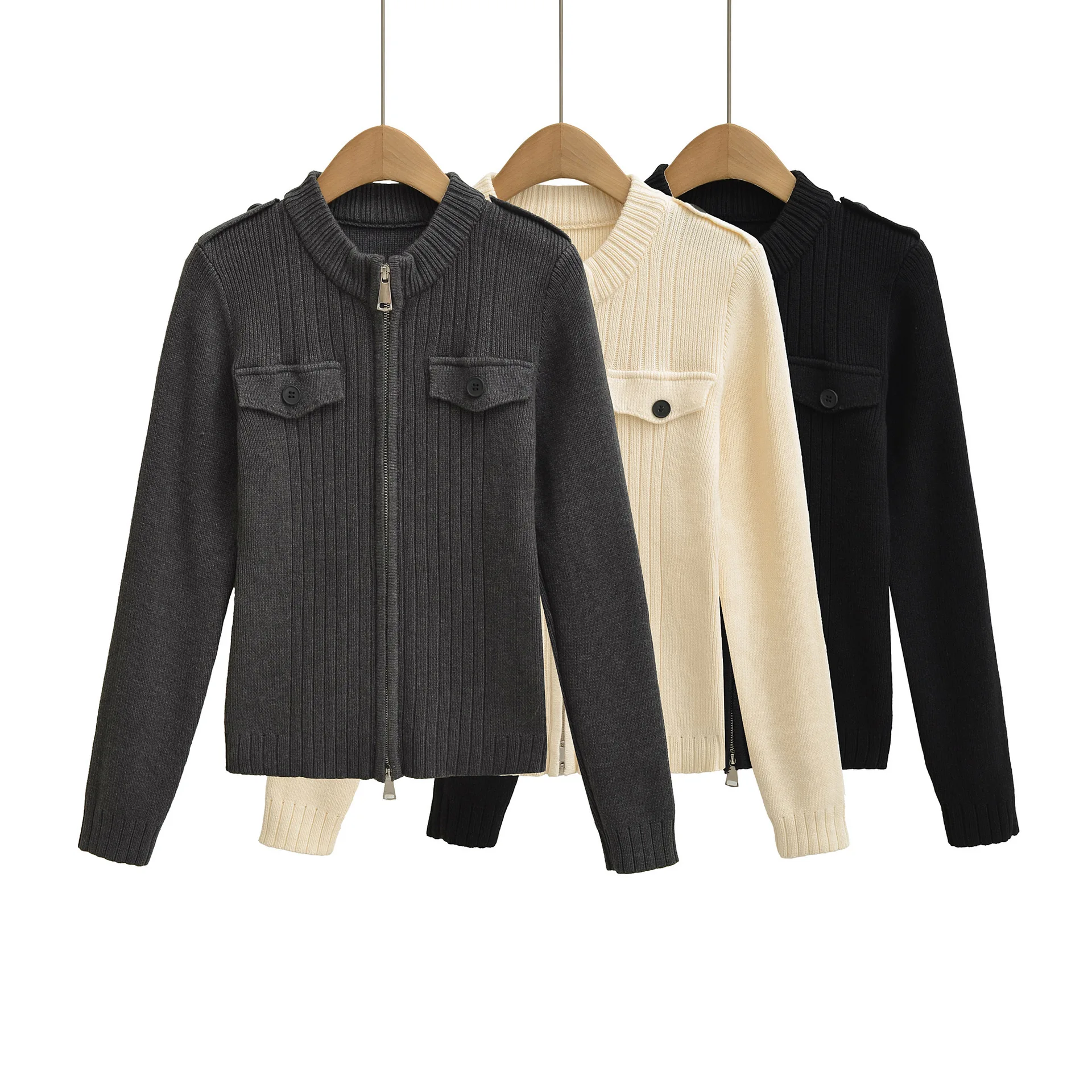 Autumn New Style Elegant Double Zipper Slim Sweater Cardigan For Women Vertical Ribbed Stand Collar Knitted Cardigan Ladies EYQJ