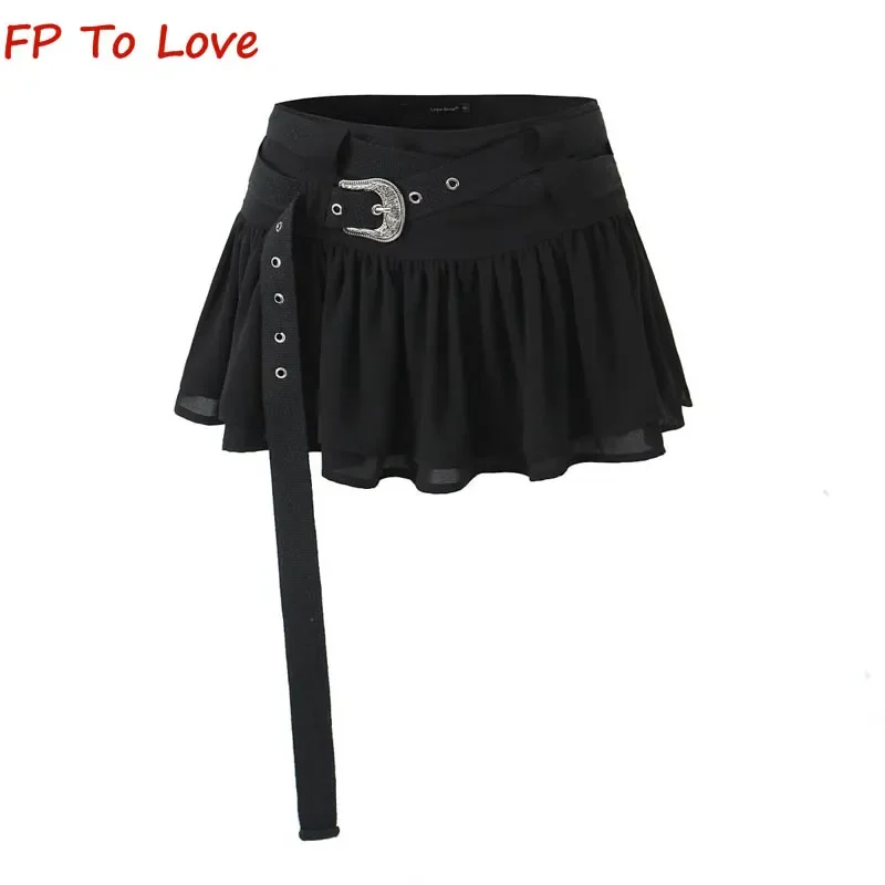 Y2K Spicy Black Belt Trim Slimming Halter Skirt High Waist Grey Sexy Pleated Skirt A-line Anti-Walking Skirt