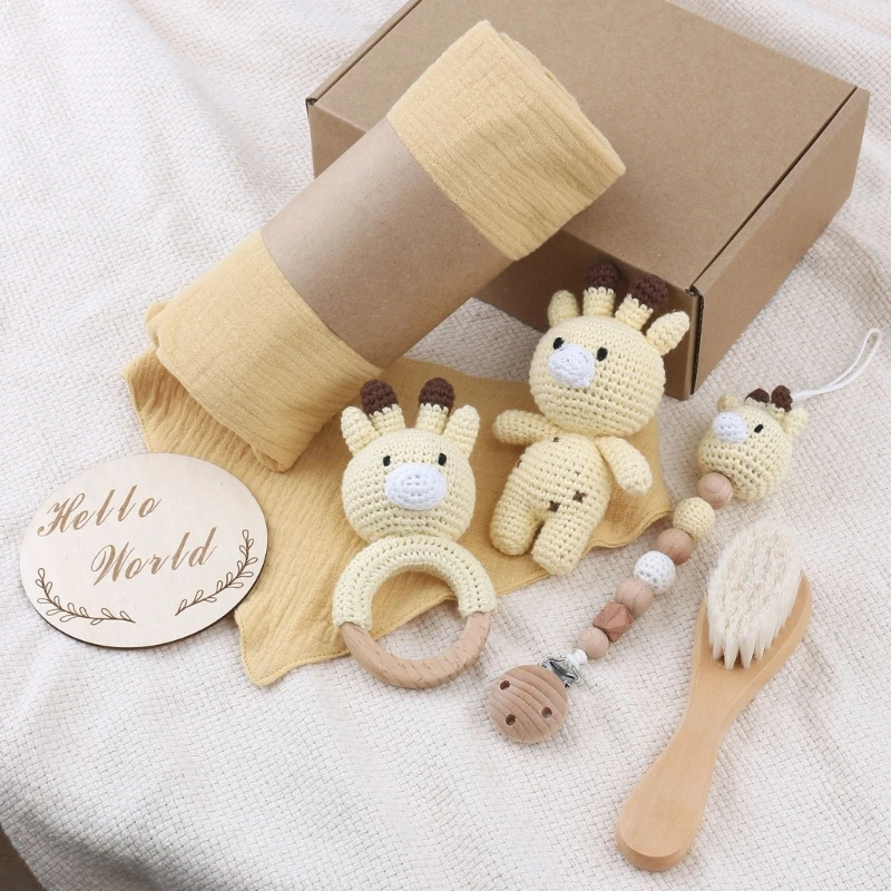 1 Set Baby Stuffed Animal Doll kawaii Panda Plush Toys+Crochet Rattle+Hair Brush+Newborn Swaddle Wrap Baby Birth Shower Gift Box