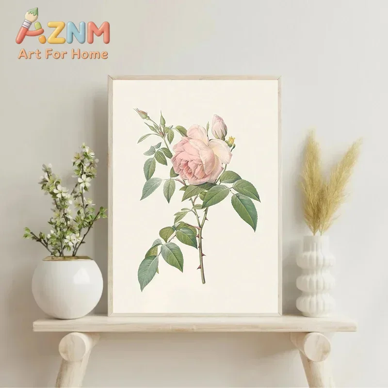 Vintage Pink Rose Lilac Branch Antique Floral Botanical Posters Canvas Printing Wall Art Picture for Living Room Home Decor Gift